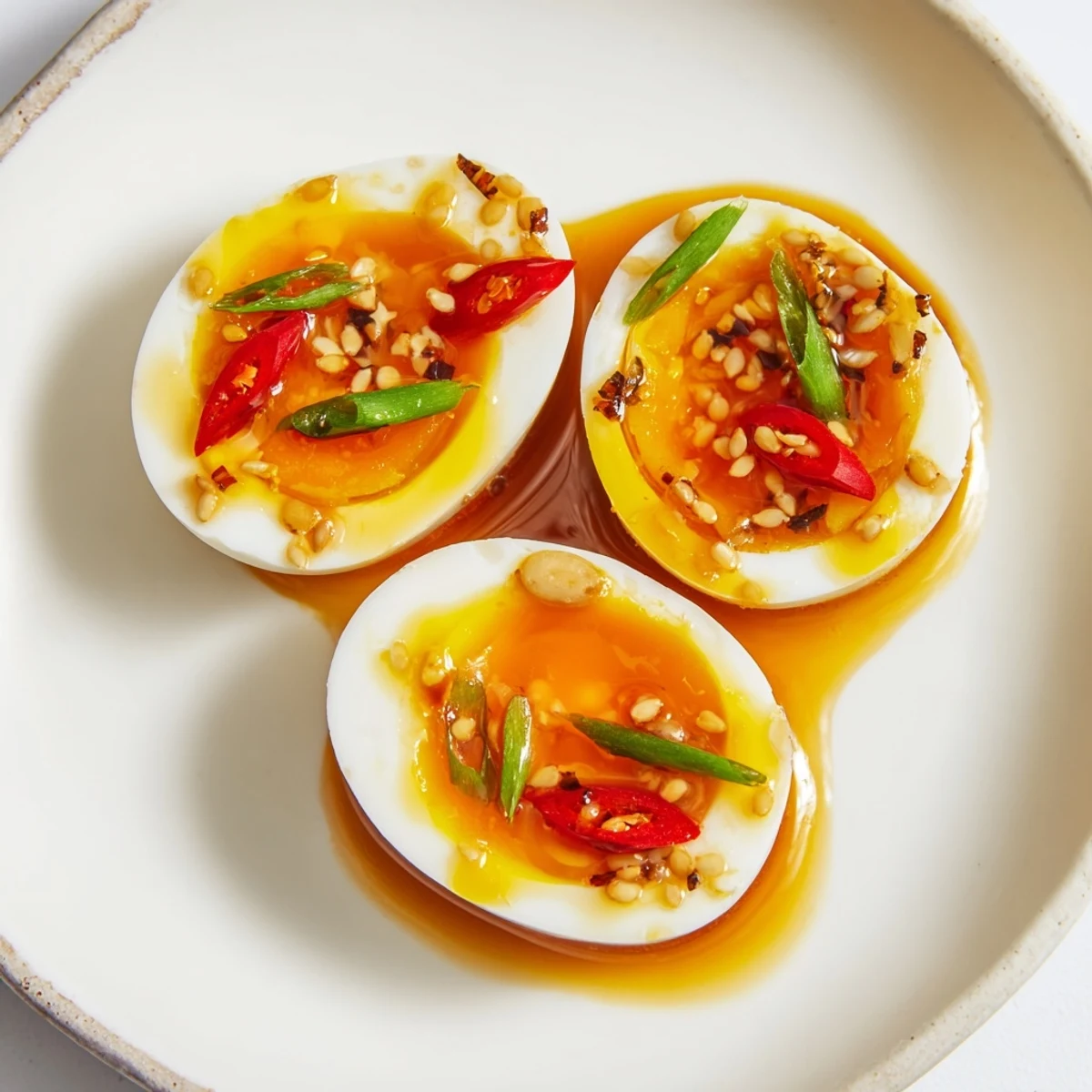 A close-up of Korean Marinated Eggs resting on white rice, with steam rising and green onions sprinkled on top.