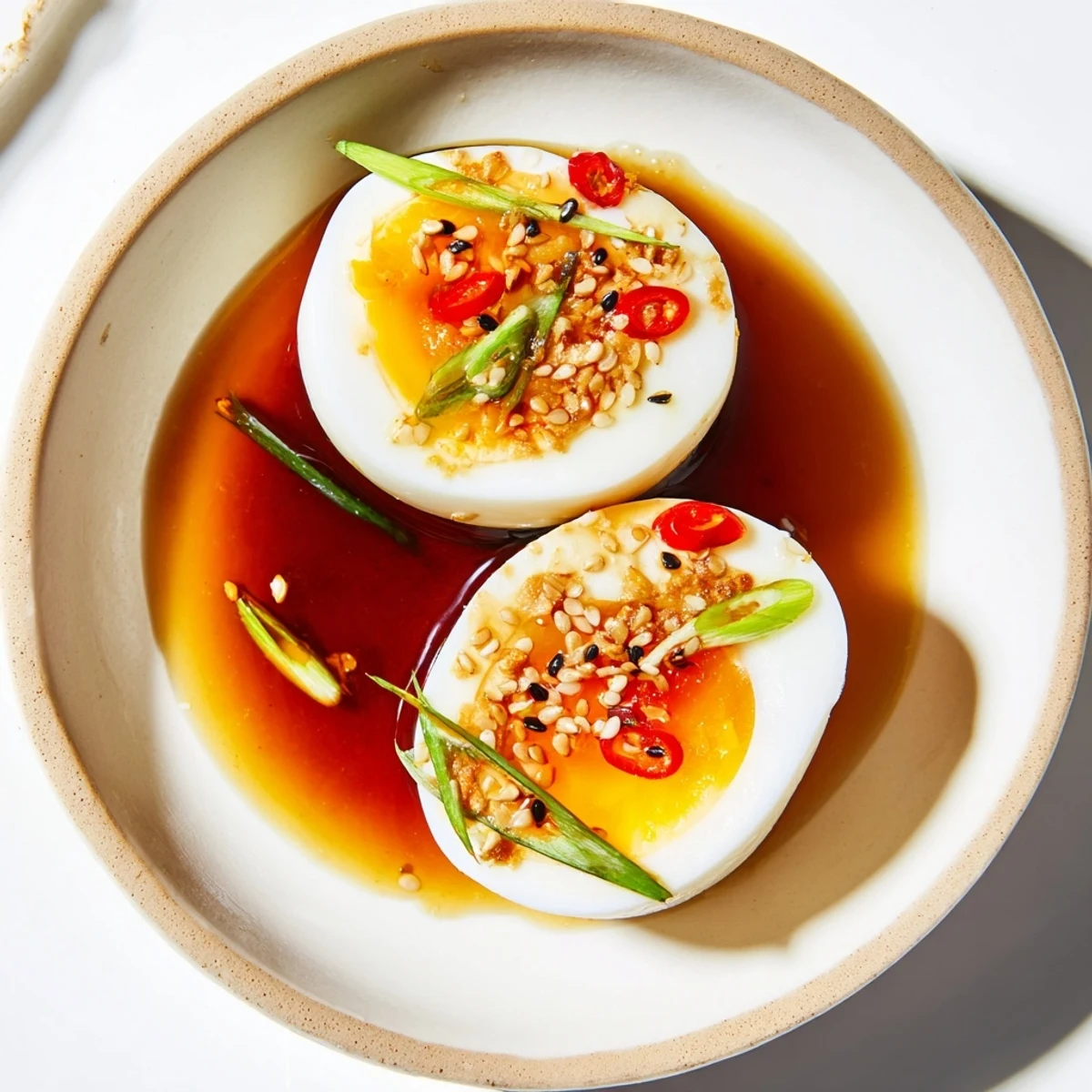 Peeled Korean Marinated Eggs in a ceramic bowl, soaked in a dark soy sauce mixture with garlic and chili peppers.