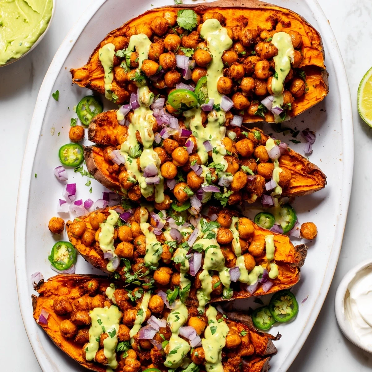 Golden roasted sweet potatoes topped with smoky BBQ chickpeas and avocado-lime drizzle for a hearty vegan meal.