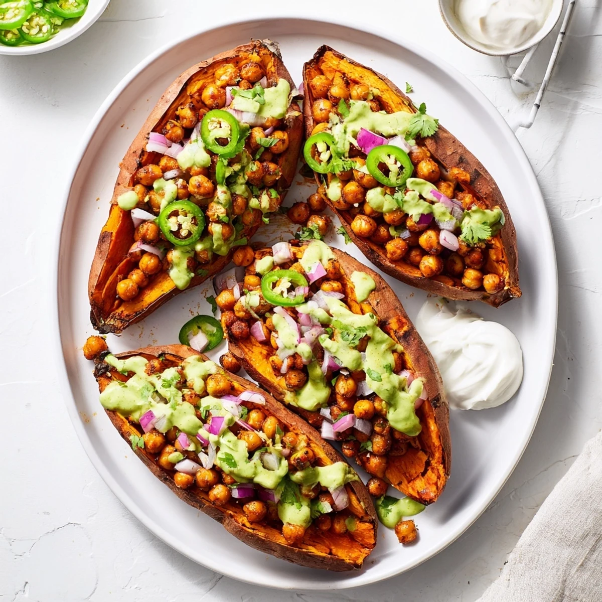 Vegan BBQ Chickpea Sweet Potatoes garnished with cilantro and jalapeño, served on a rustic wooden plate.