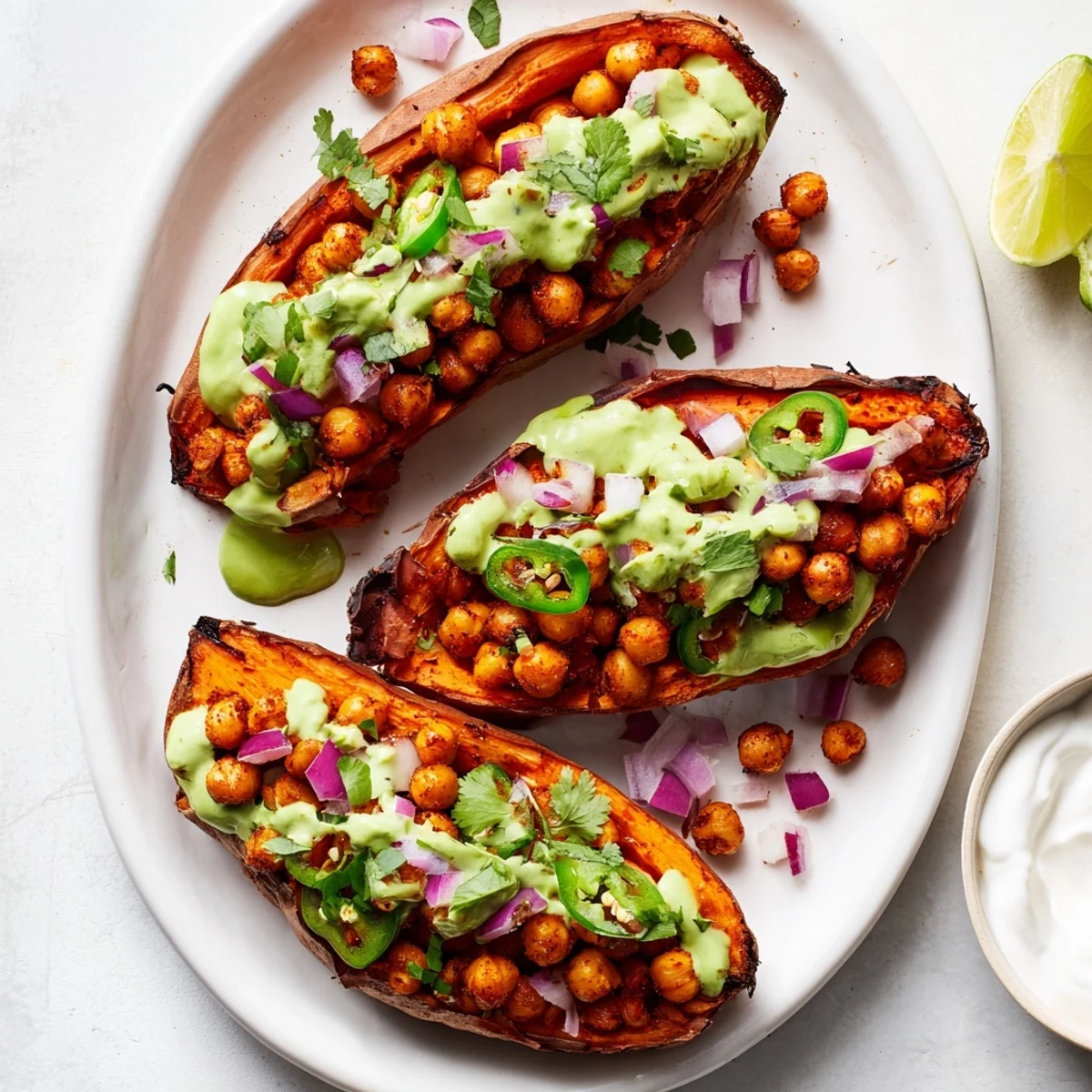 Fork-tender baked sweet potatoes filled with savory chickpeas and creamy avocado sauce, a perfect gluten-free dinner.
