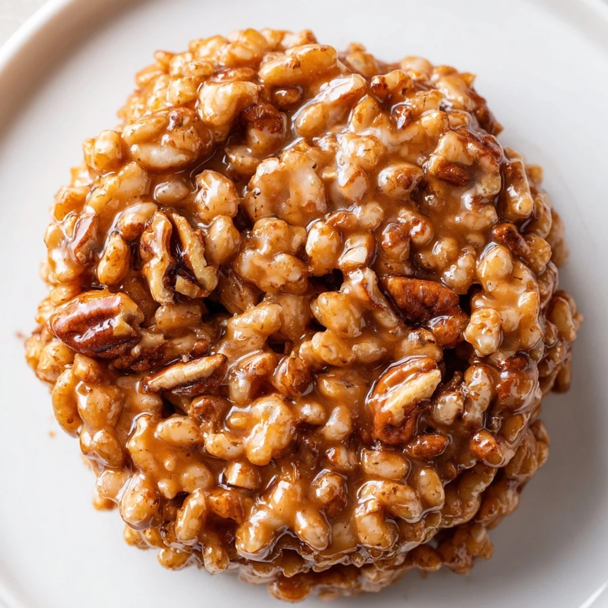 Golden brown No Bake Coffee Crunch Rice Krispie Cookies on a parchment-lined tray, drizzled with melted chocolate and studded with pecans, ready to be enjoyed with a steaming mug of coffee.