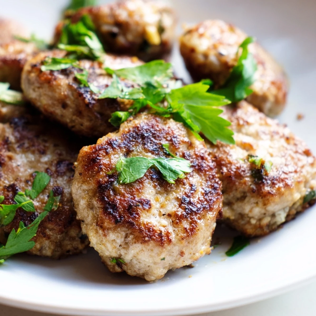 Tender gluten-free lamb rissoles on a plate with roasted sweet potato cubes, red onion, and a tangy honey-lemon dressing.