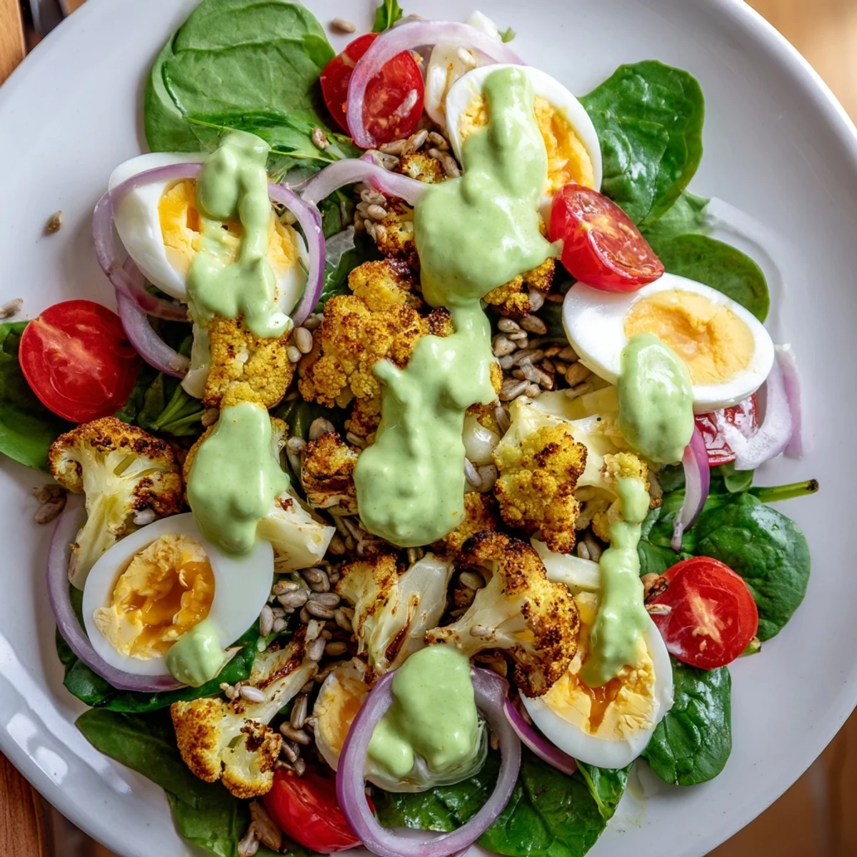 Golden roasted cauliflower florets, creamy halved eggs, baby spinach, and halved cherry tomatoes on a platter, drizzled with tangy avocado dressing, a healthy vegetarian Roast Cauliflower and Egg Salad.