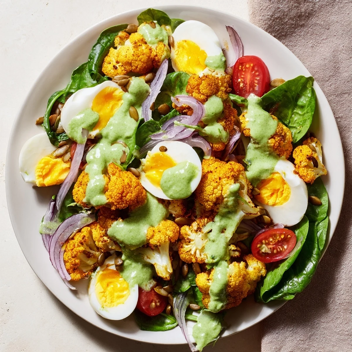 Freshly sliced red onion and sunflower seeds garnish a bowl of vibrant Roast Cauliflower and Egg Salad, featuring tender roasted cauliflower and a rich, creamy avocado dressing.