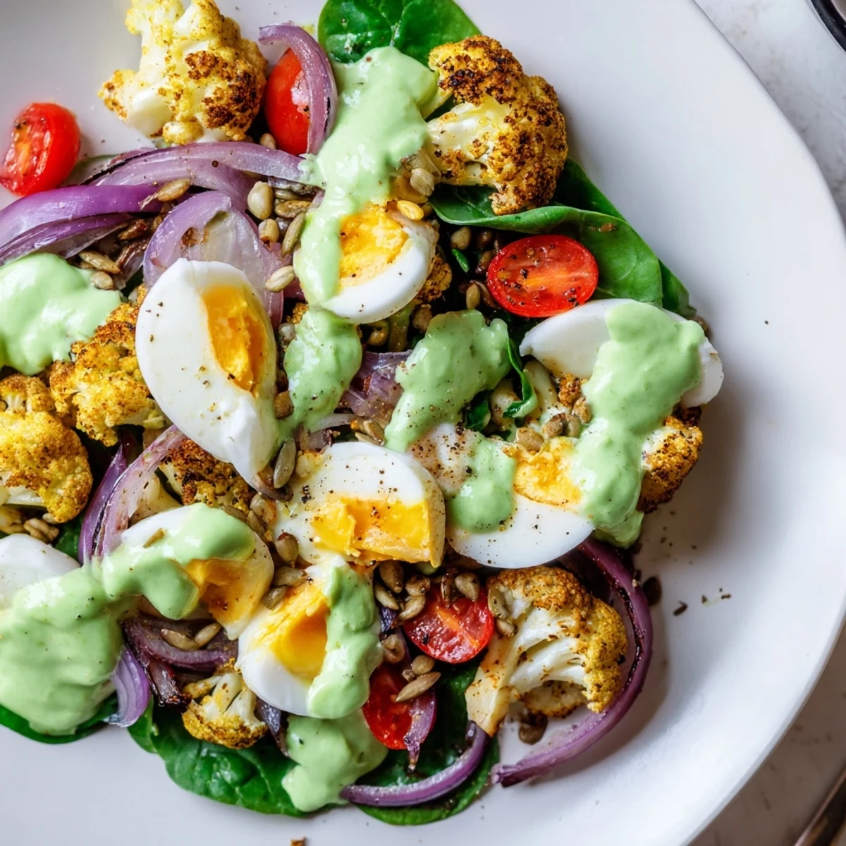 A close-up shows golden roasted cauliflower, peeled egg quarters, and bright cherry tomatoes tossed with spinach, dressed in green avocado sauce, making up this Roast Cauliflower and Egg Salad.