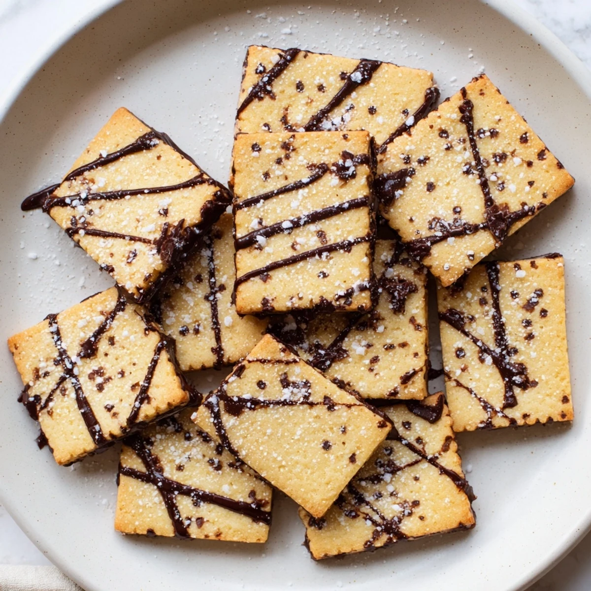 Freshly baked espresso shortbread cookies with melted dark chocolate drizzle and flaky sea salt garnish on a cooling rack.