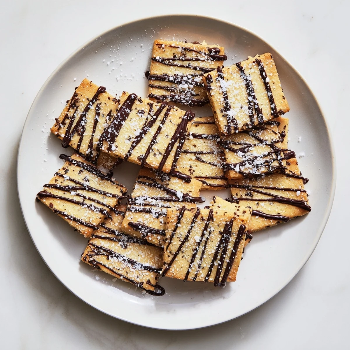 Golden espresso shortbread cookies dusted with espresso powder, served on a rustic wooden table with a cup of coffee.