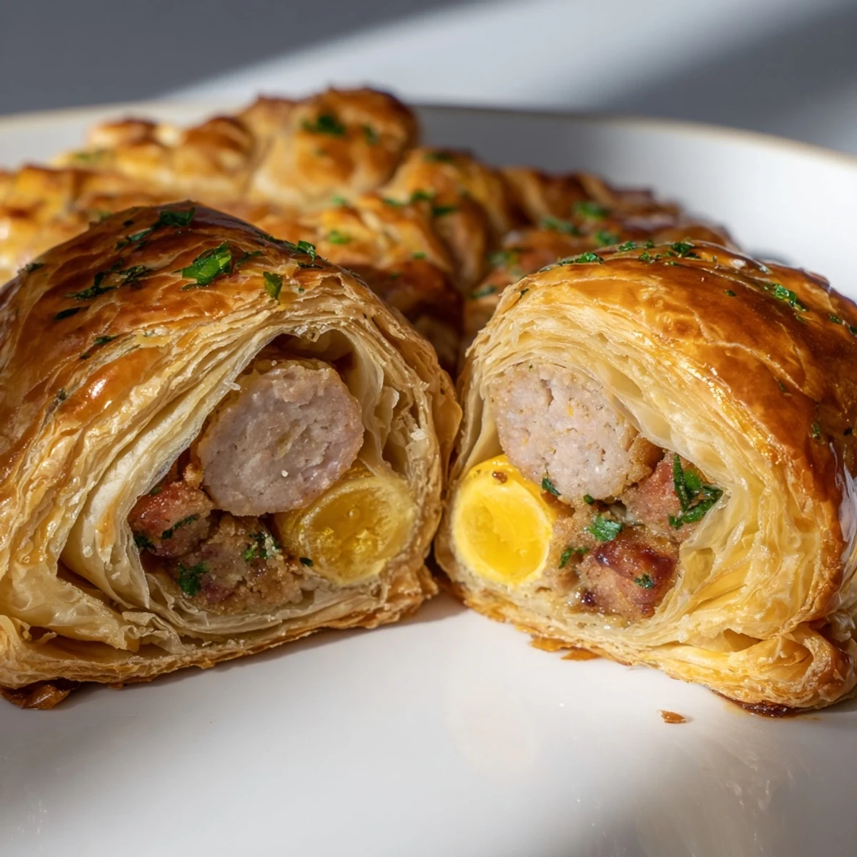 Golden, flaky puff pastry encasing spicy chorizo and pork, with soft-boiled eggs peeking out of the Giant Chorizo and Egg Sausage Roll.  