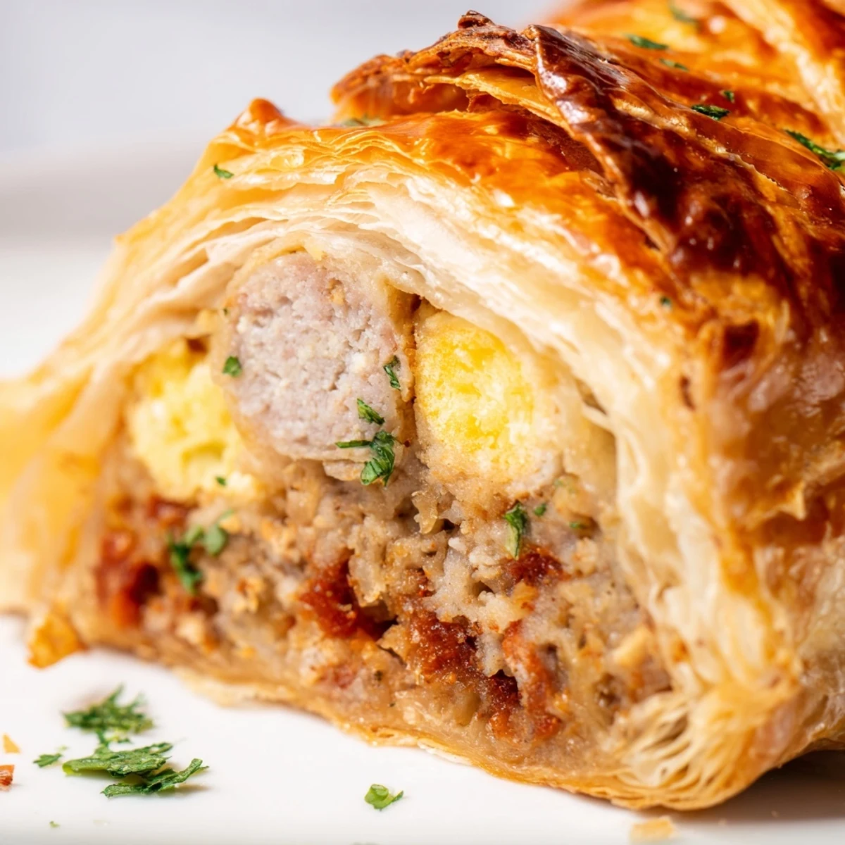 A close-up of the sliced Giant Chorizo and Egg Sausage Roll reveals moist filling and vibrant eggs, served with a side of grainy mustard.  