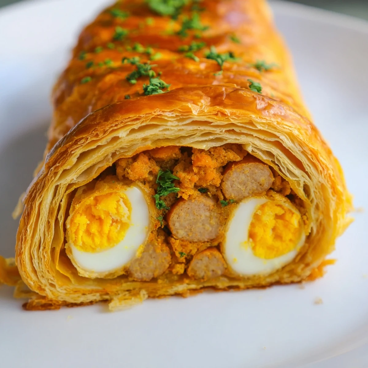 Freshly baked Giant Chorizo and Egg Sausage Roll rests on a wooden board, steam rising from its savory, golden crust.