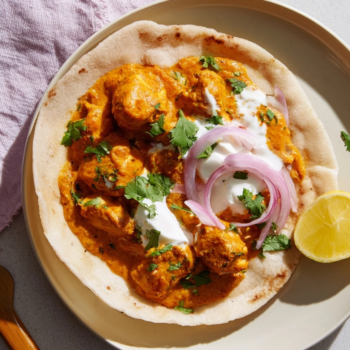 Butter Chicken Roti Bowls recipe features tender chicken in a rich tomato cream sauce in edible bowls.