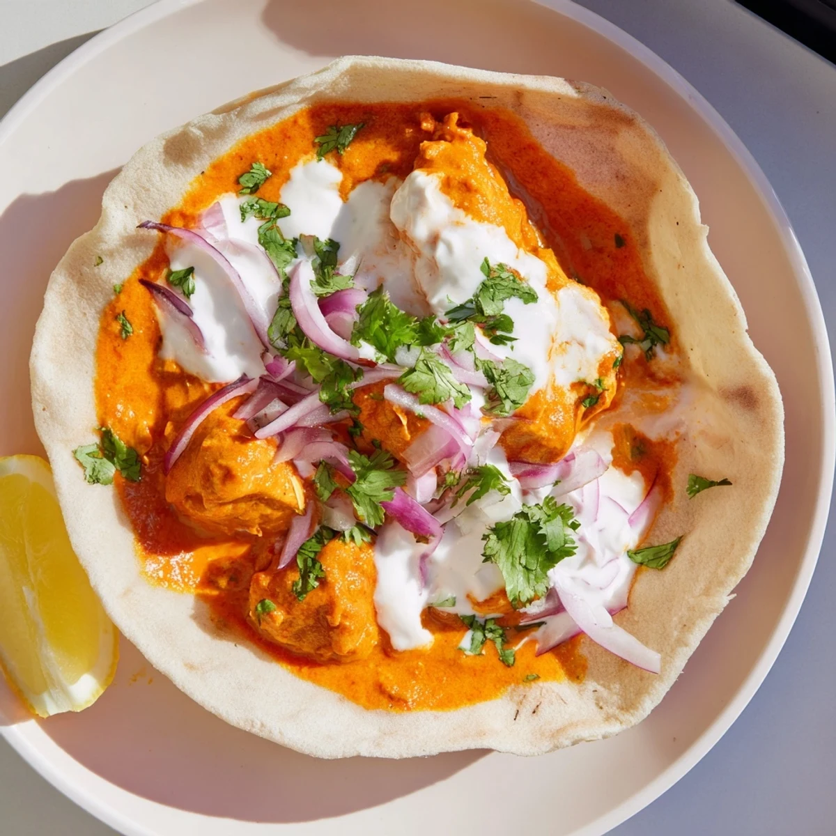 Hearty Butter Chicken Roti Bowls served hot with bright herbs and tangy lemon for a comforting meal.