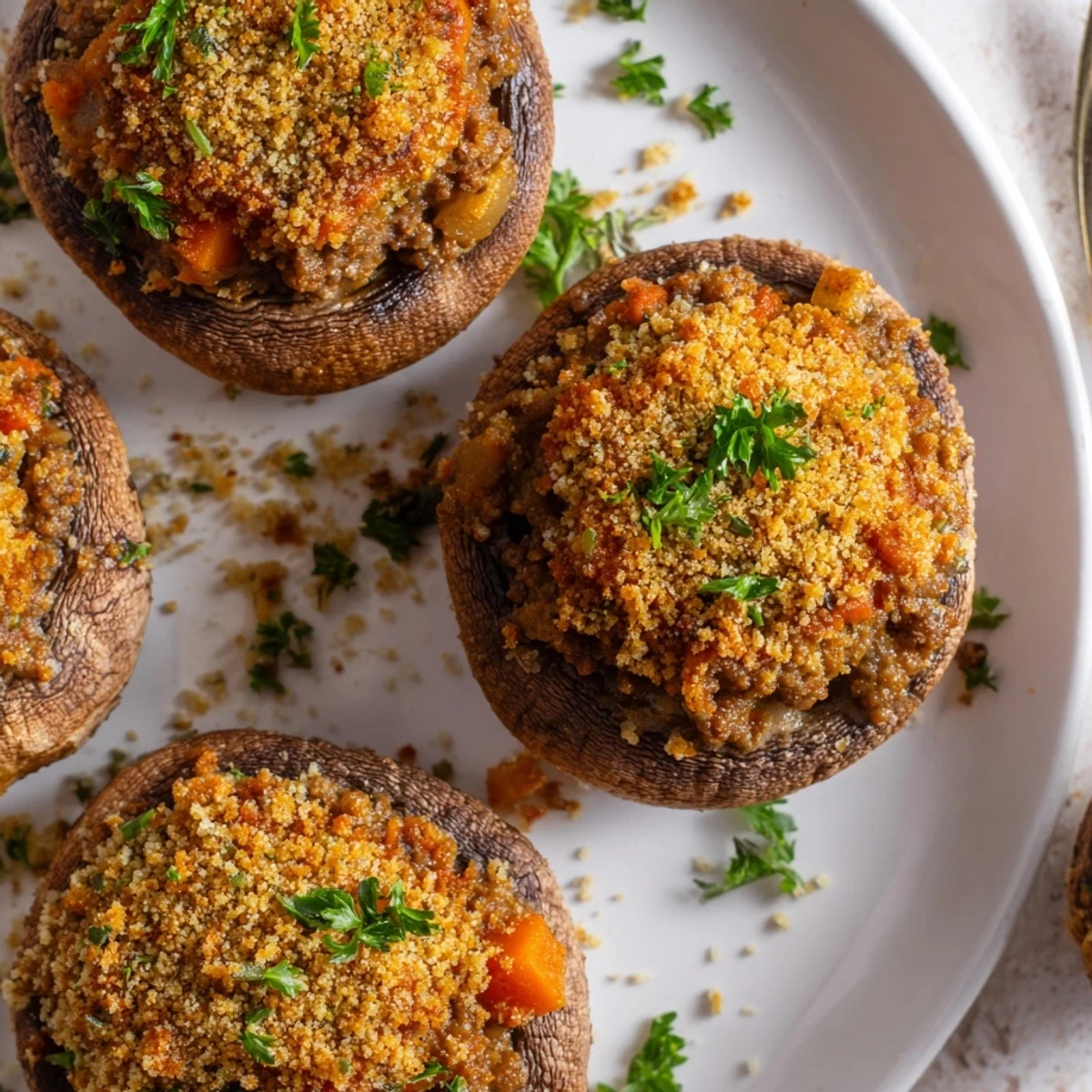 Savory mince stuffed mushrooms paired with a crisp side salad for a delicious appetizer.