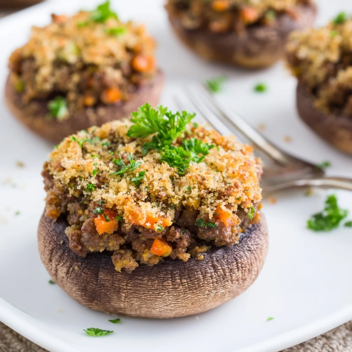 Freshly baked Savoury Mince Stuffed Mushrooms with golden breadcrumbs and herbs on a rustic plate.