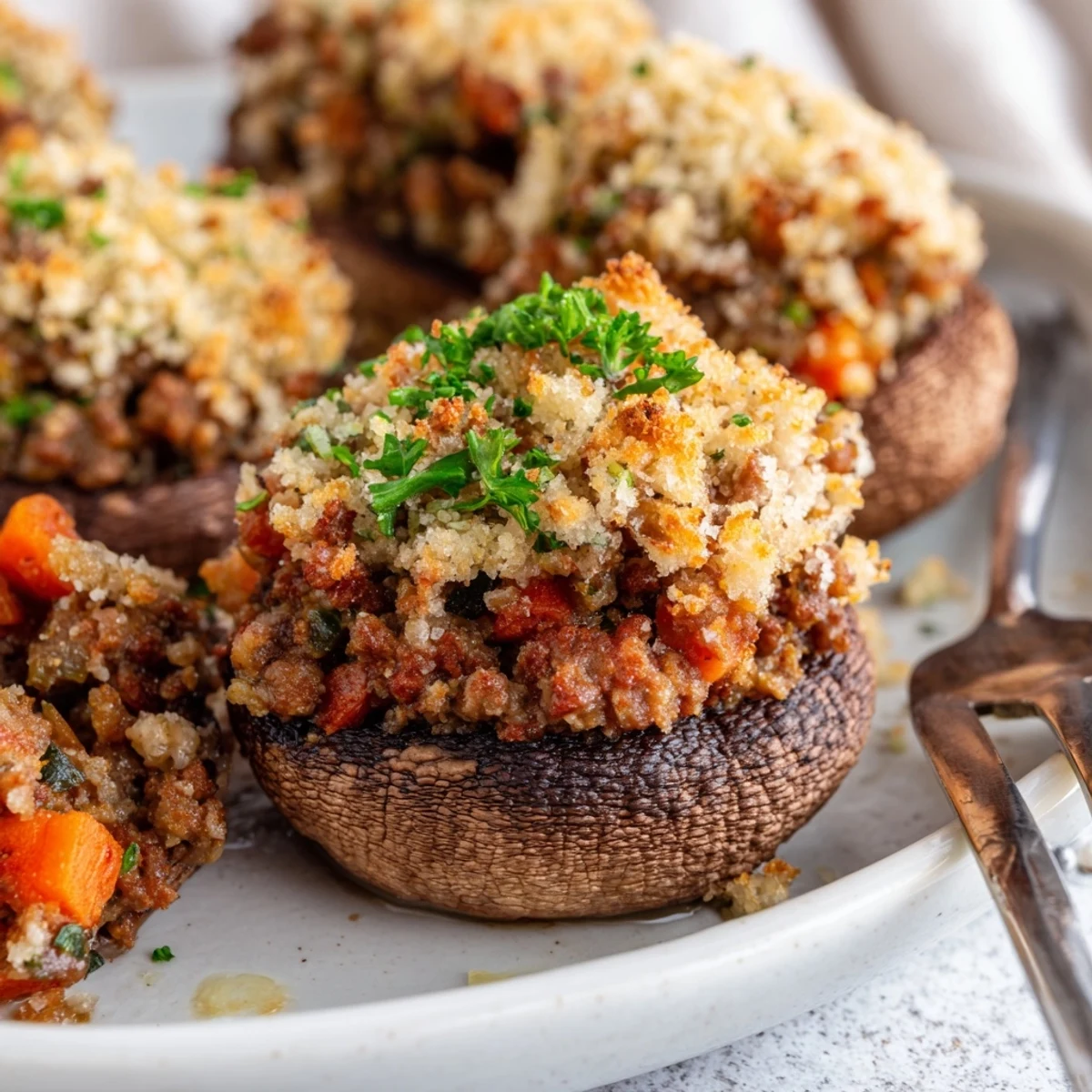 Close-up of herbed beef mince filling inside tender portobello mushrooms topped with toasted crumbs.