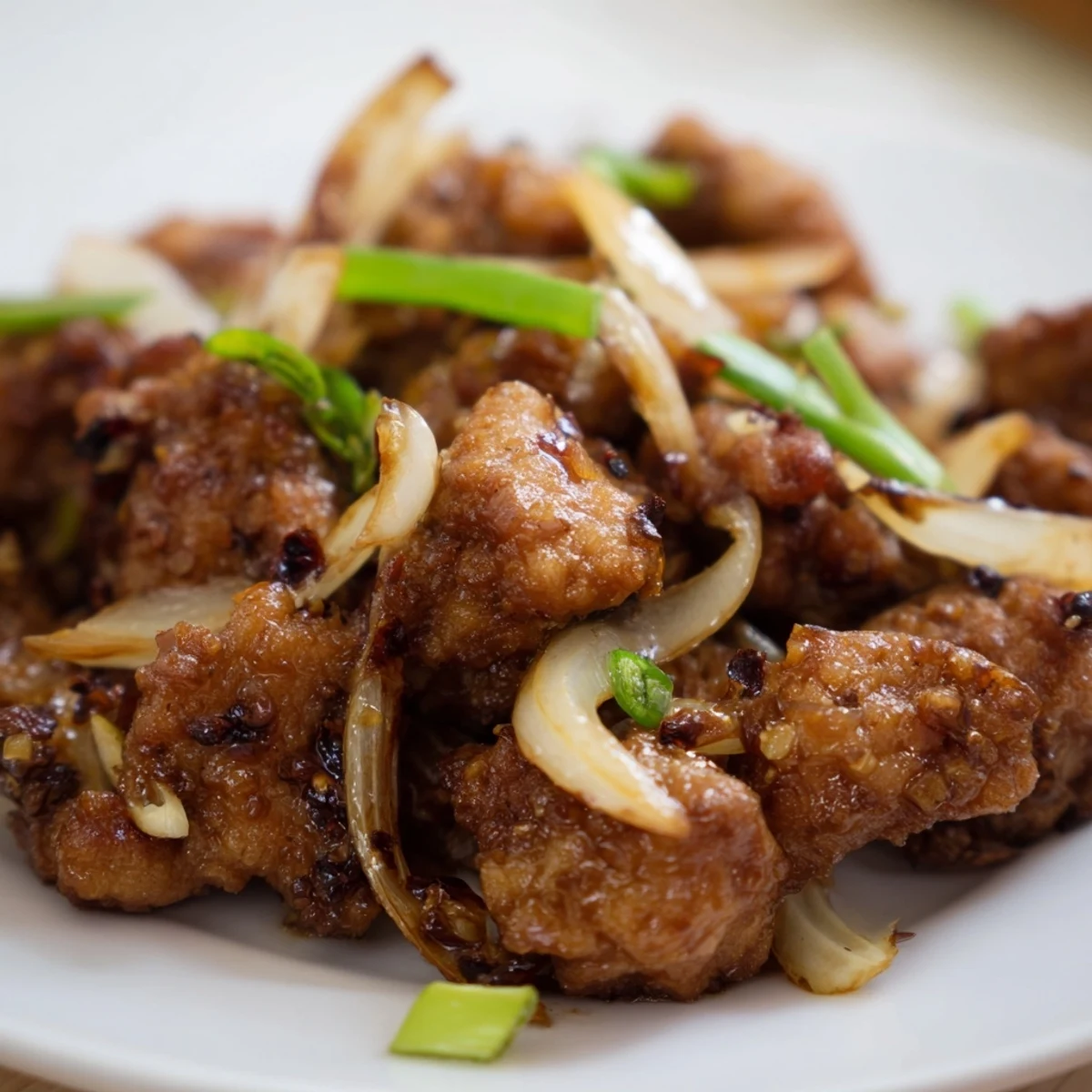 Tender Vietnamese Lemongrass Chicken thigh bites garnished with fresh spring onions and lime wedges, ready to be enjoyed.