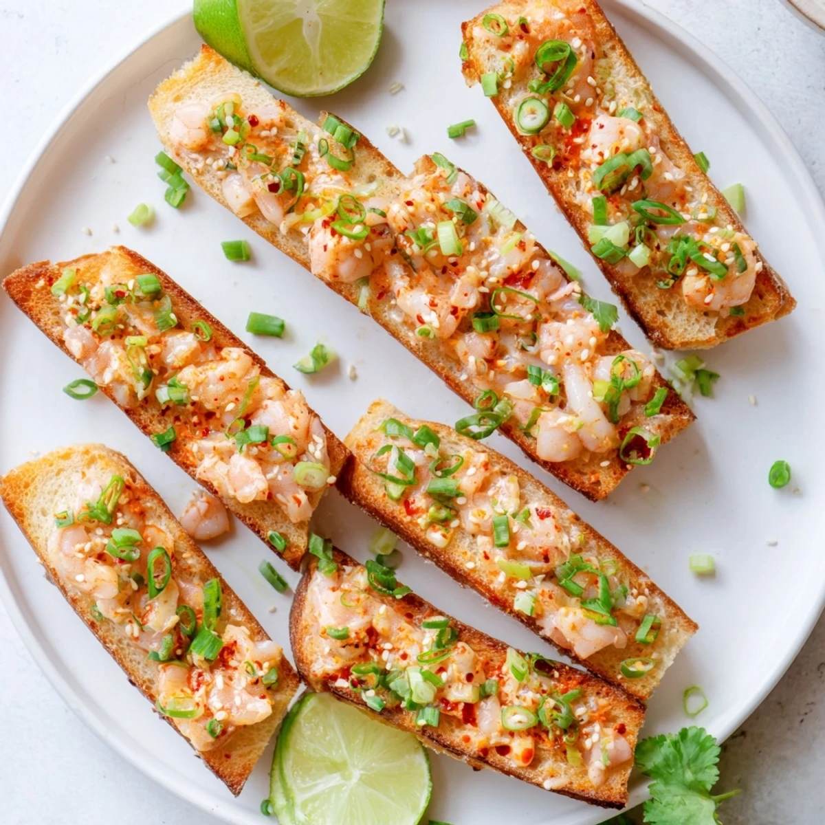 A close-up of crispy baguette slices loaded with Cajun shrimp mixture garnished with sesame seeds and cilantro.
