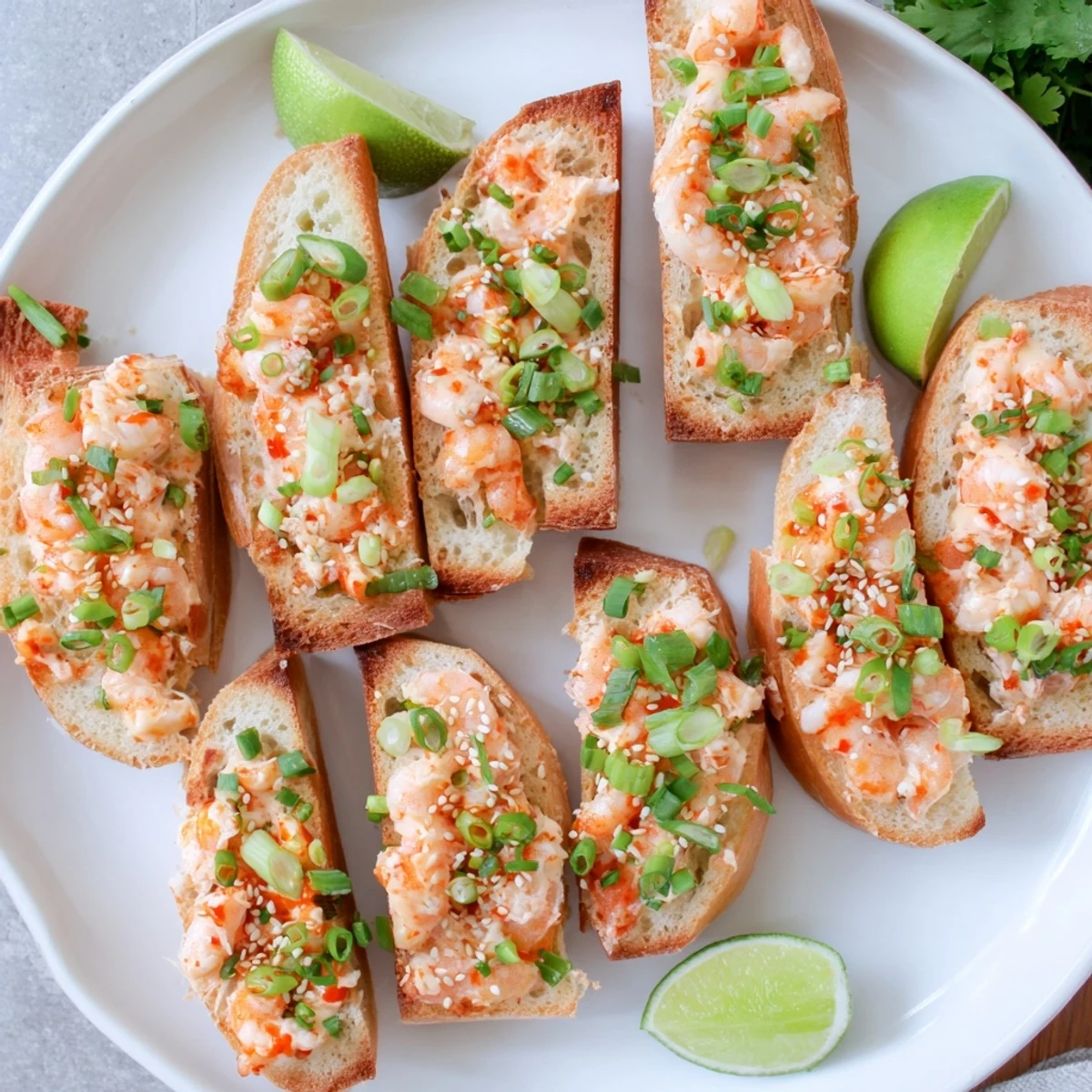Golden-brown Vietnamese Cajun Shrimp Toast topped with spicy shrimp mixture and fresh green onions served on a plate.