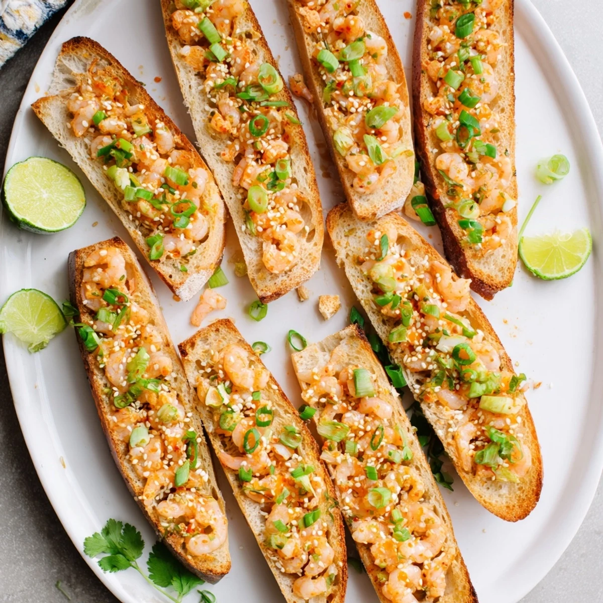 Vietnamese Cajun Shrimp Toast arranged on a wooden board with lime wedges and a small bowl of dipping sauce.