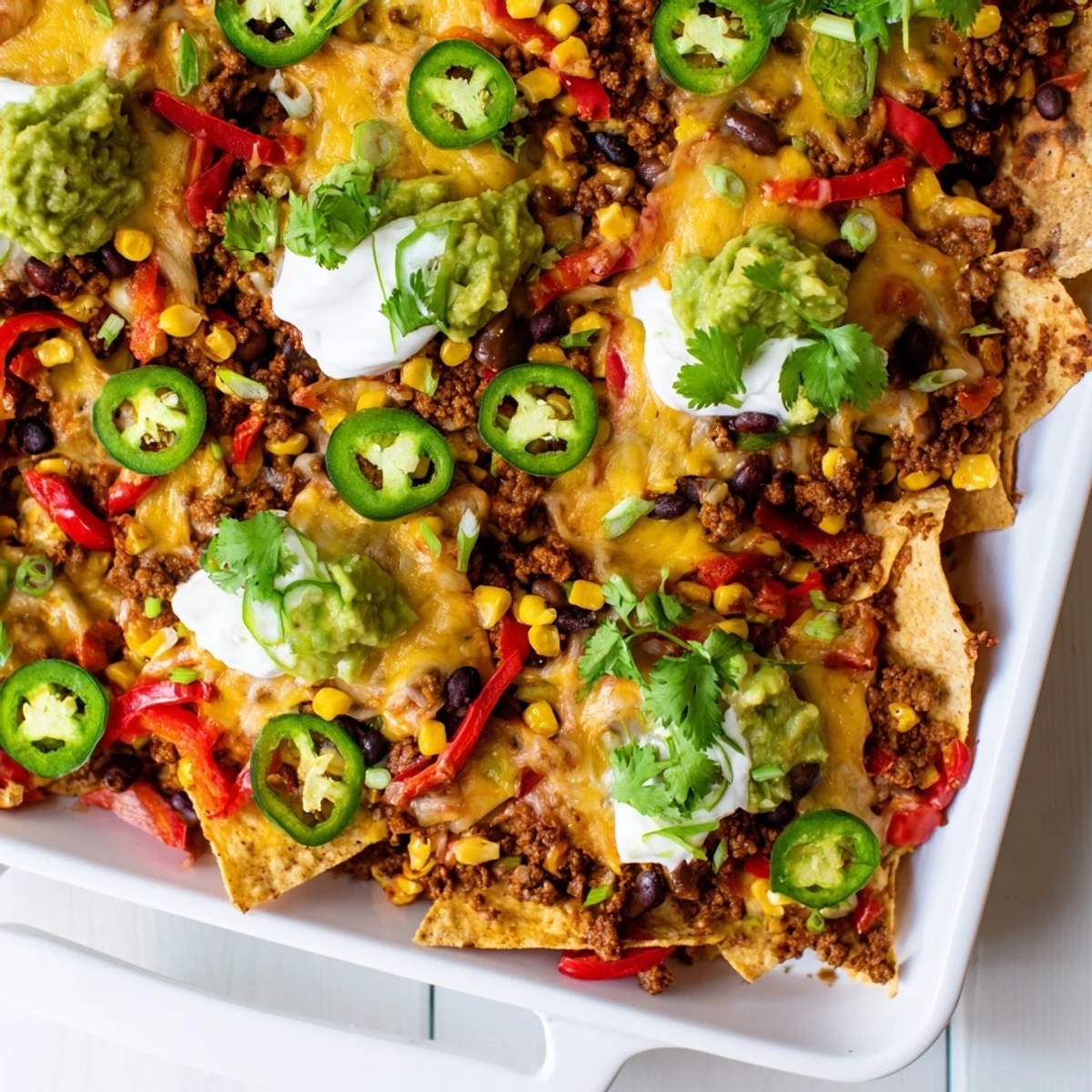Golden-brown Family Nachos Tray Bake with melted cheddar and Monterey Jack cheese, topped with diced bell pepper and jalapeño slices on a rustic serving platter.  