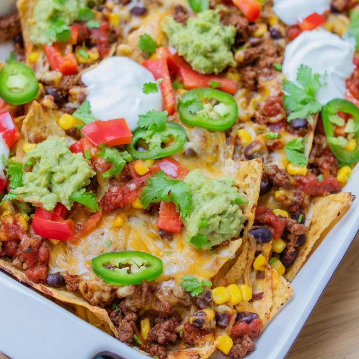 Family Nachos Tray Bake served with dollops of sour cream, guacamole, and salsa, ready for a festive Tex-Mex game night gathering.