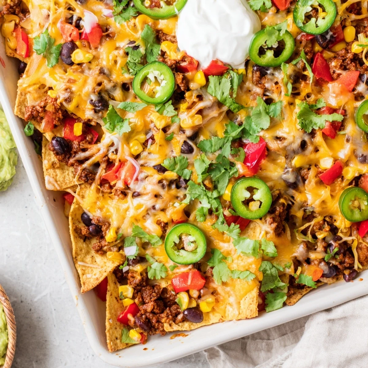 A steaming Family Nachos Tray Bake straight from the oven, featuring seasoned ground beef, black beans, and corn on crispy tortilla chips.  