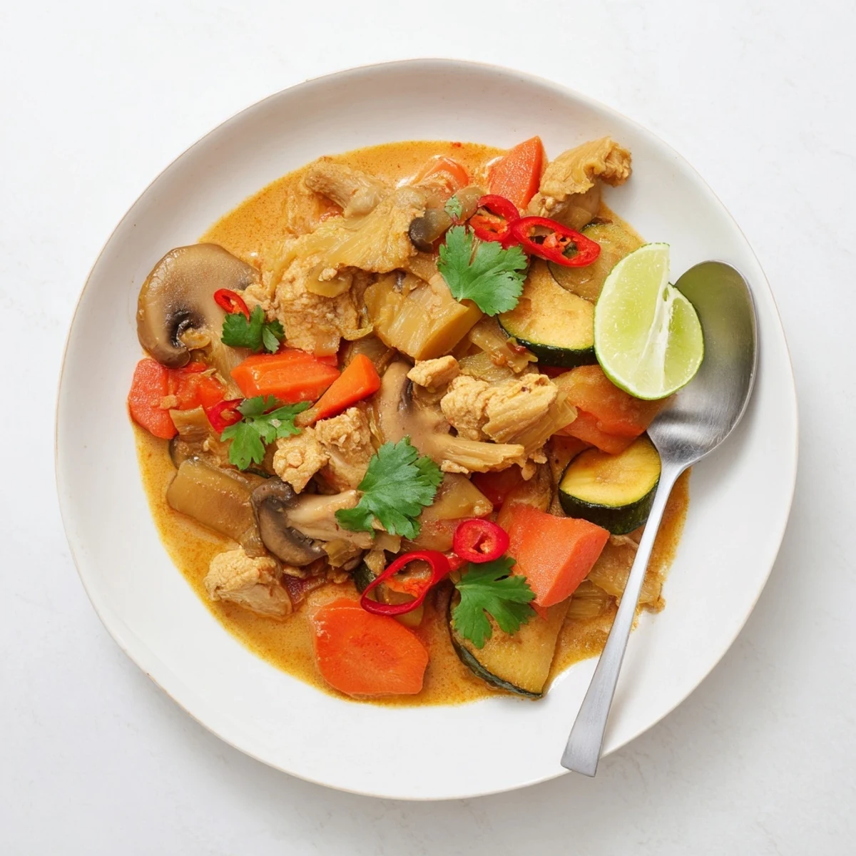 Steaming Jackfruit and Mushroom Balinese Curry in a creamy coconut sauce with fresh herbs.