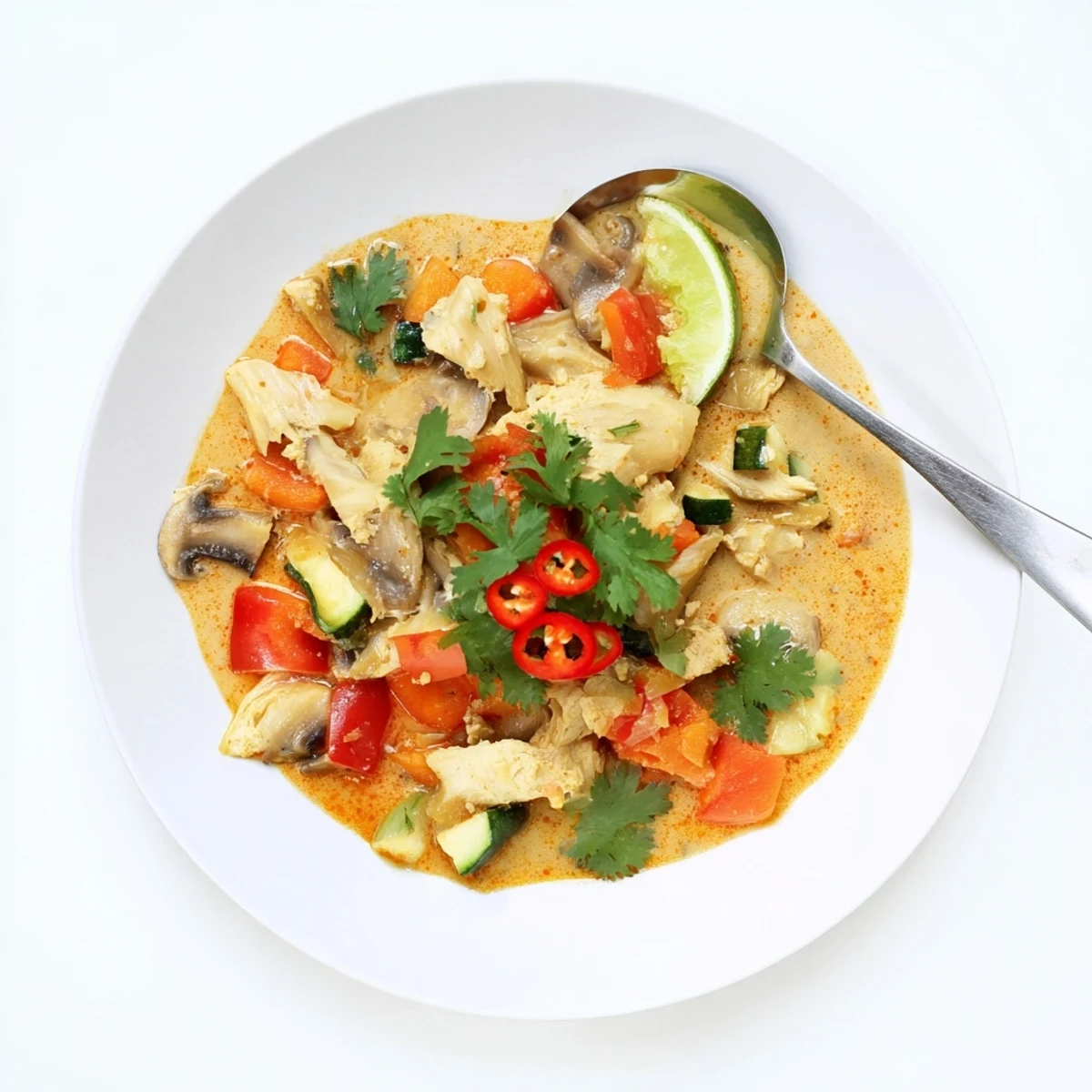Jackfruit and Mushroom Balinese Curry served over fluffy rice with lime and chili.