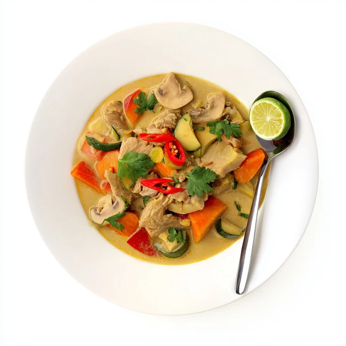 A vibrant bowl of Jackfruit and Mushroom Balinese Curry featuring tender jackfruit and sliced mushrooms.