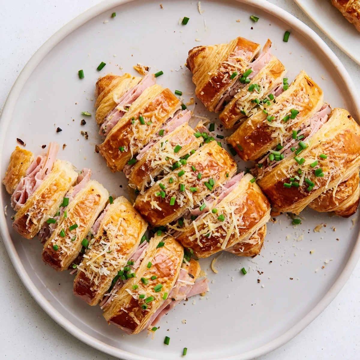 Golden, crispy Stuffed Croissants with melted Gruyère and savory ham, served warm for brunch.