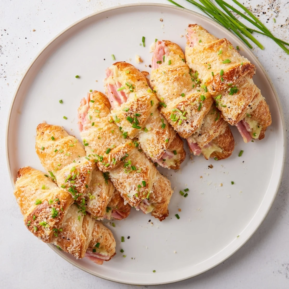A close-up of golden Stuffed Croissants brushed with butter, ready to serve with salad.
