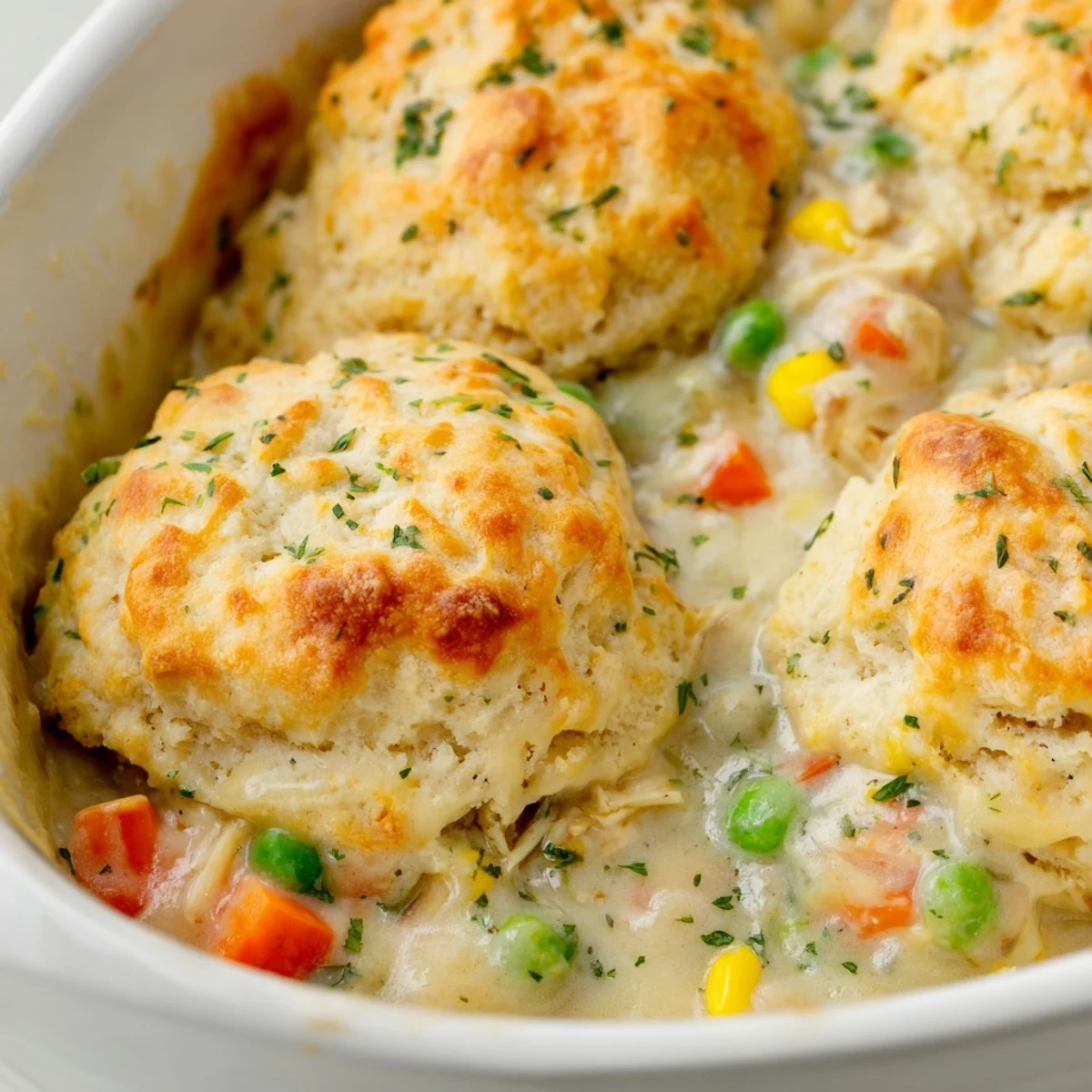 A close-up of Red Lobster Biscuit Chicken Pot Pie shows flaky biscuit topping on creamy filling.