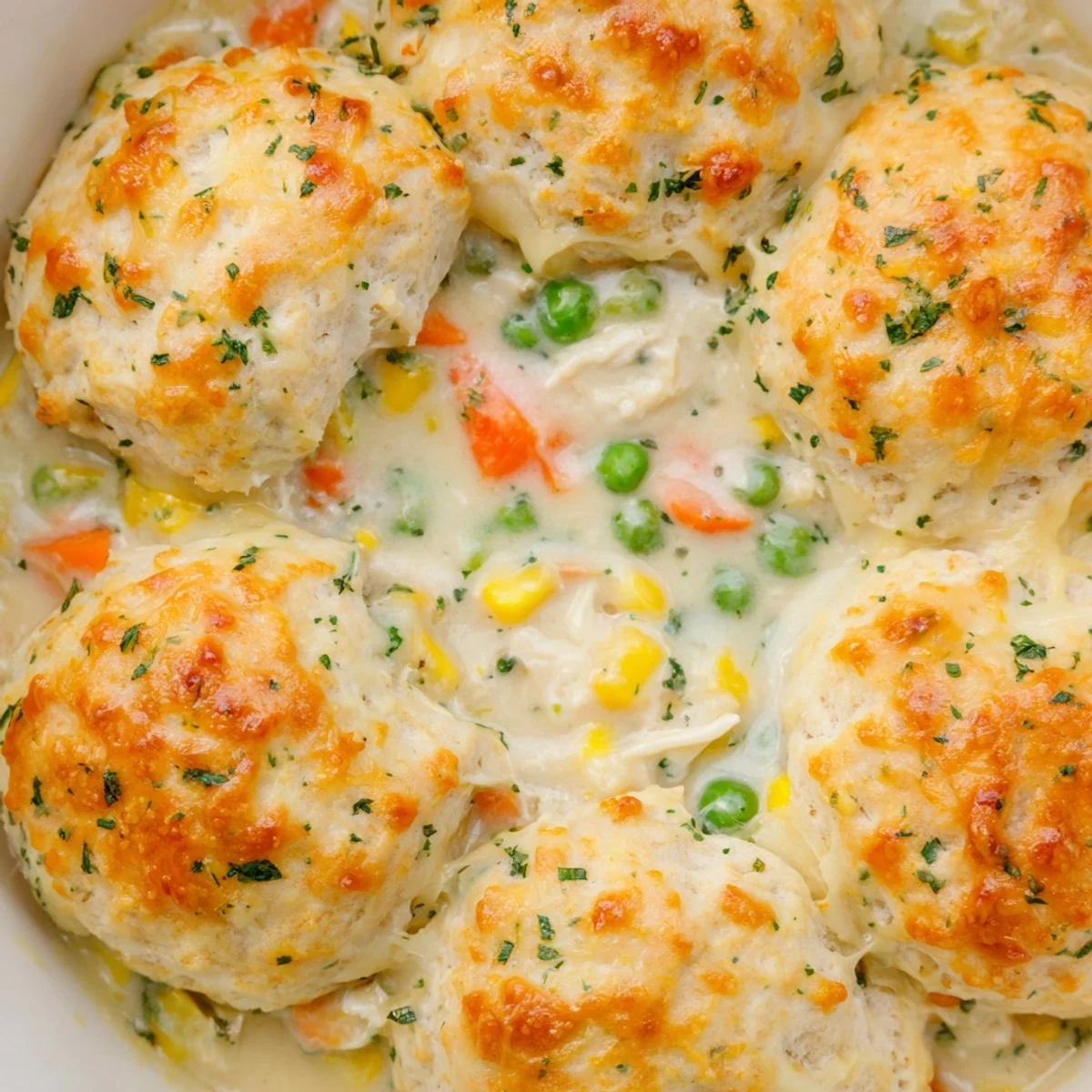 Golden Red Lobster Biscuit Chicken Pot Pie features bubbly filling and cheddar biscuits in a dish.