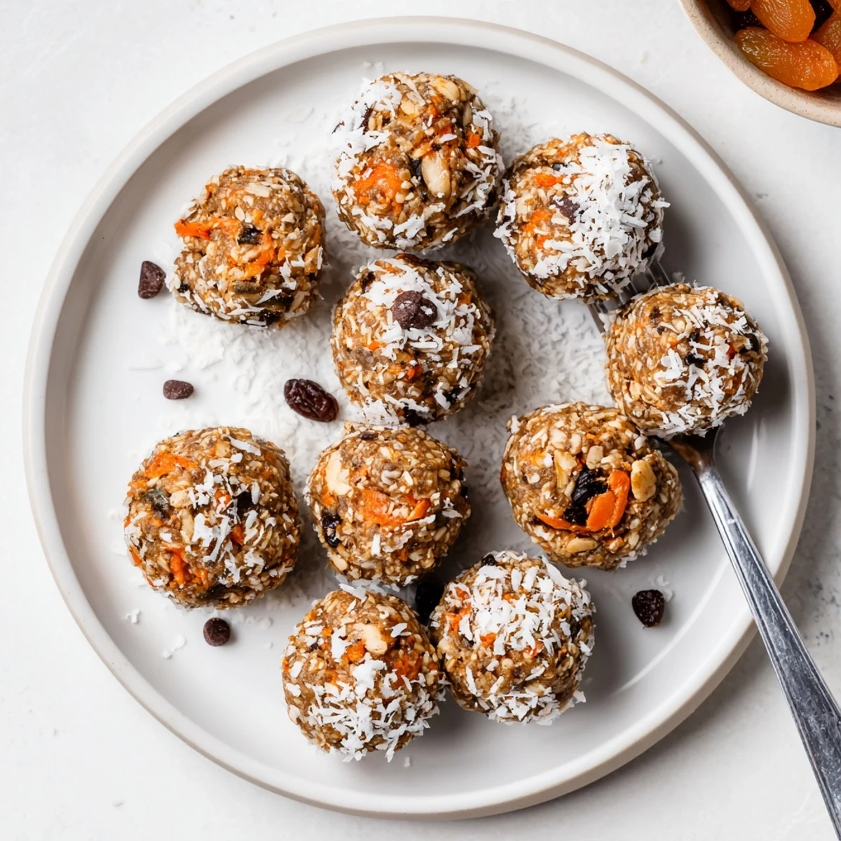 A close-up of no bake carrot cake bites coated in shredded coconut on a rustic wooden tray.  