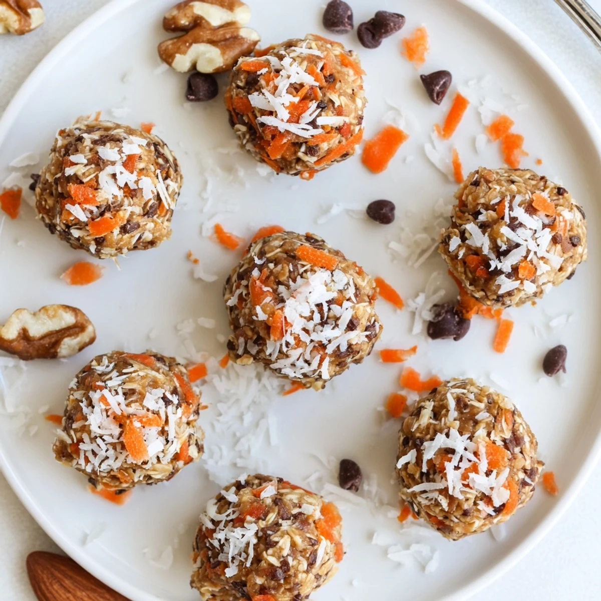 No bake carrot cake bites showcase rolled oats and shredded carrots in moist, chewy spheres.  
