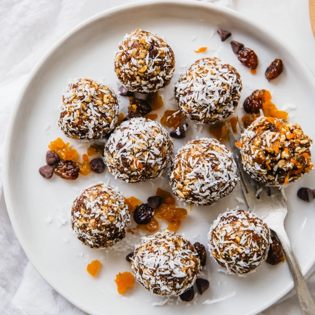 These no bake carrot cake bites are plated with a glass of herbal tea for snacking.