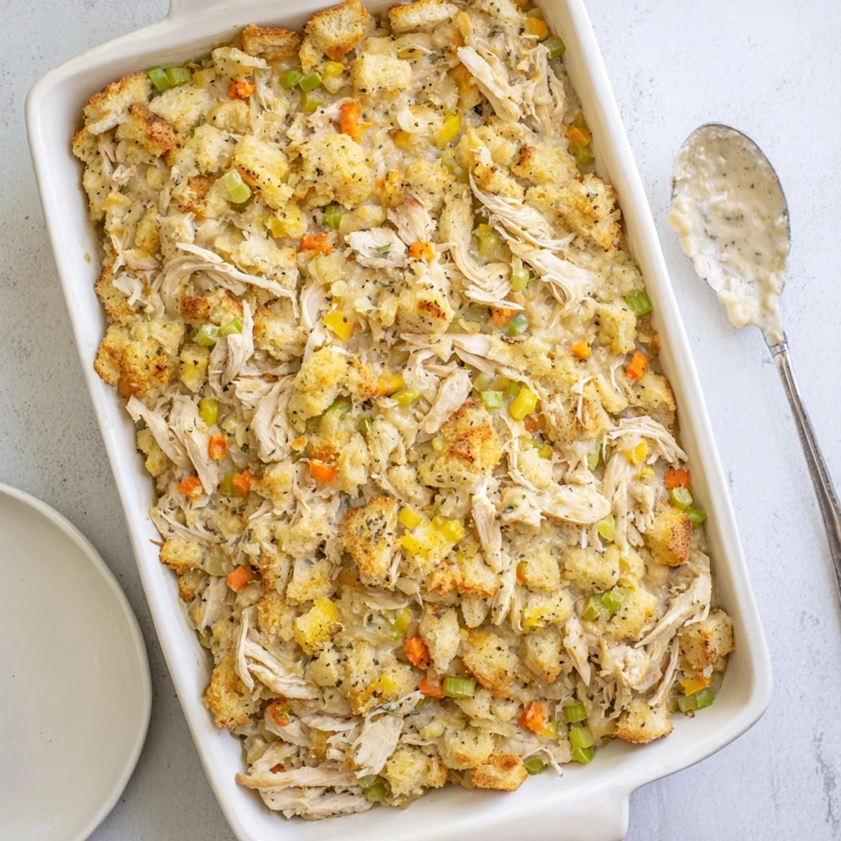 Warm Dollys Chicken Stuffing Casserole beside a fresh green salad on a rustic family table.