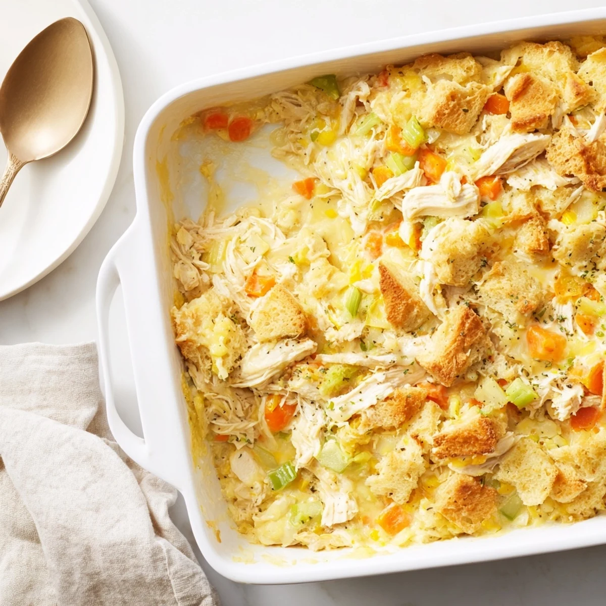 Golden-brown Dollys Chicken Stuffing Casserole bubbling in a dish, with a spoon ready to serve.