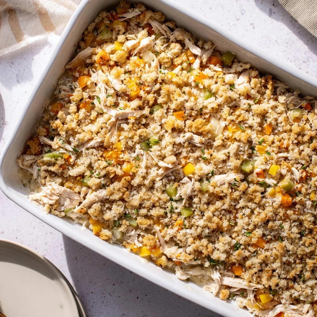Savory Dollys Chicken Stuffing Casserole with creamy filling and toasted stuffing topping for a cozy dinner.