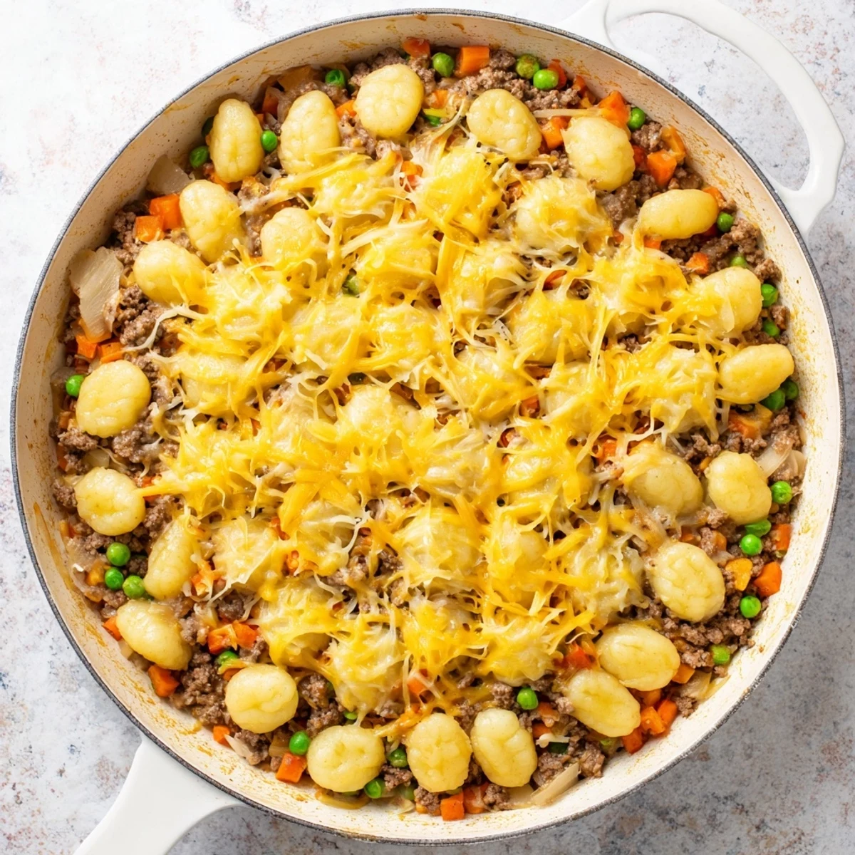 Golden-brown, cheesy gnocchi bakes over a savory ground beef and vegetable filling in this Quick Gnocchi Shepherds Pie.