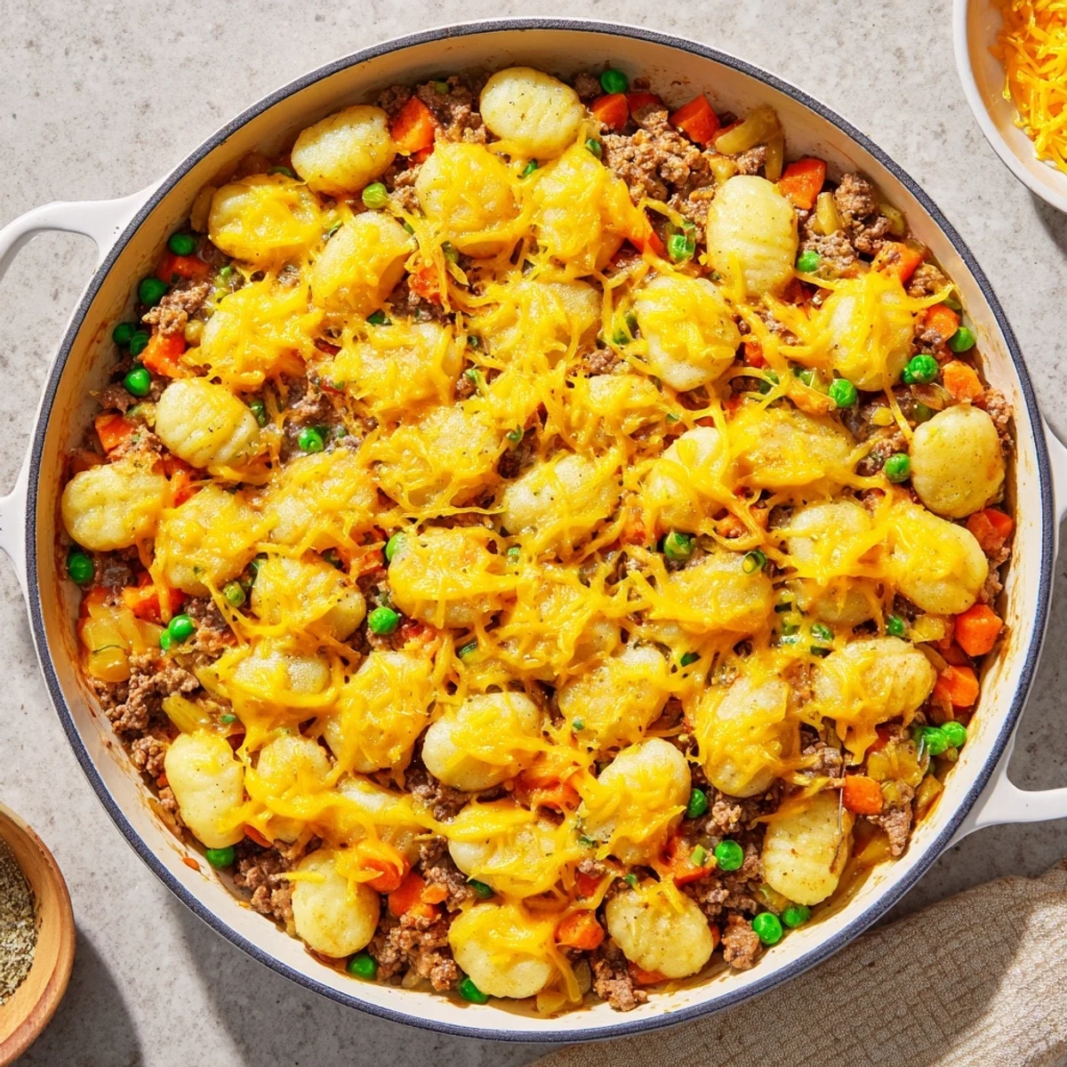 A cast-iron skillet holds bubbling Quick Gnocchi Shepherds Pie with herbs and a golden parmesan crust.