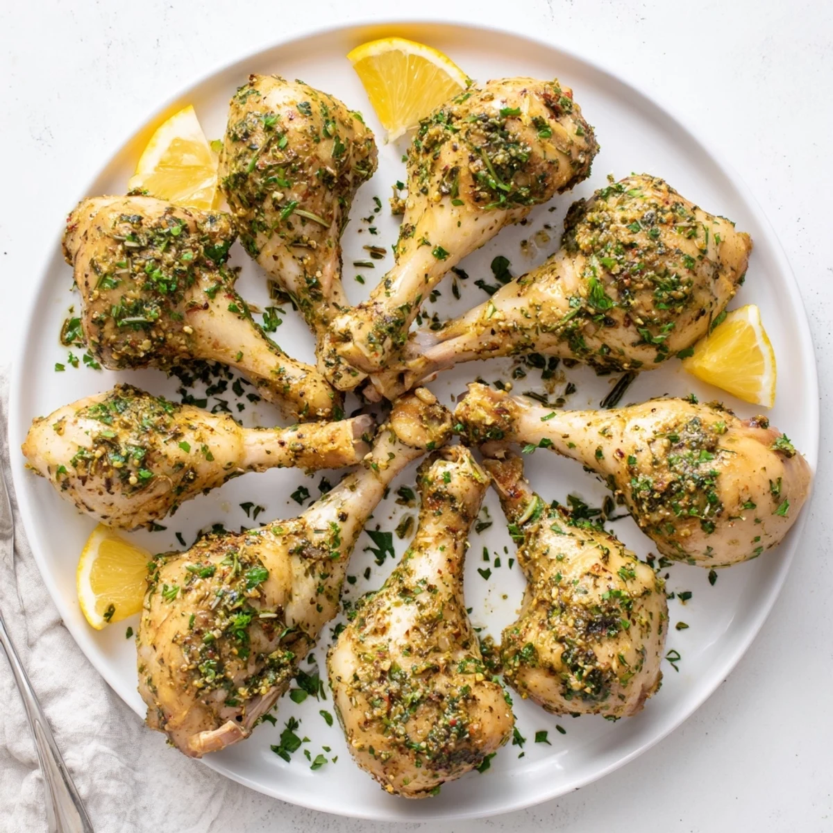 Crispy golden Herb Roasted Chicken Drumsticks fresh from the oven, garnished with lemon wedges and parsley on a rustic board.