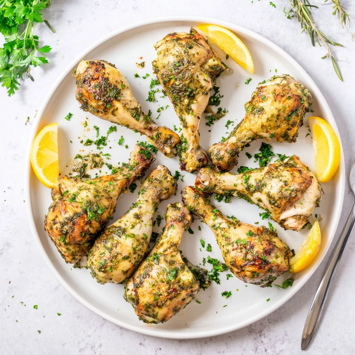 Juicy Herb Roasted Chicken Drumsticks with aromatic herbs and garlic, sizzling and golden on a parchment-lined baking sheet.