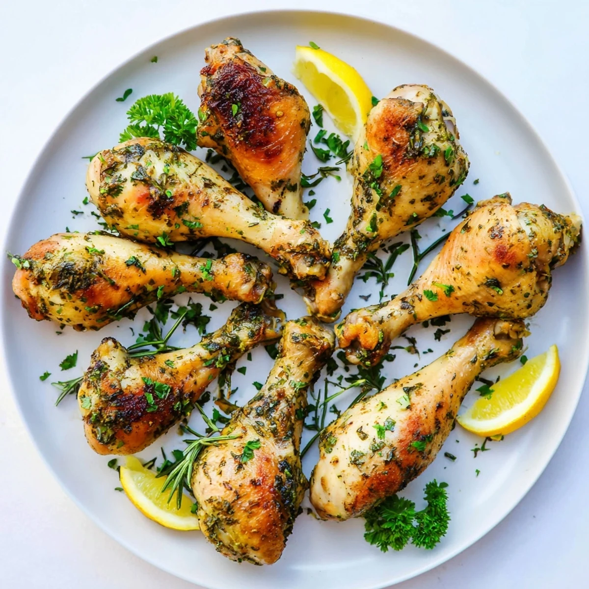 Savory Herb Roasted Chicken Drumsticks plated beside roasted potatoes and a fresh green salad for a complete weeknight dinner.