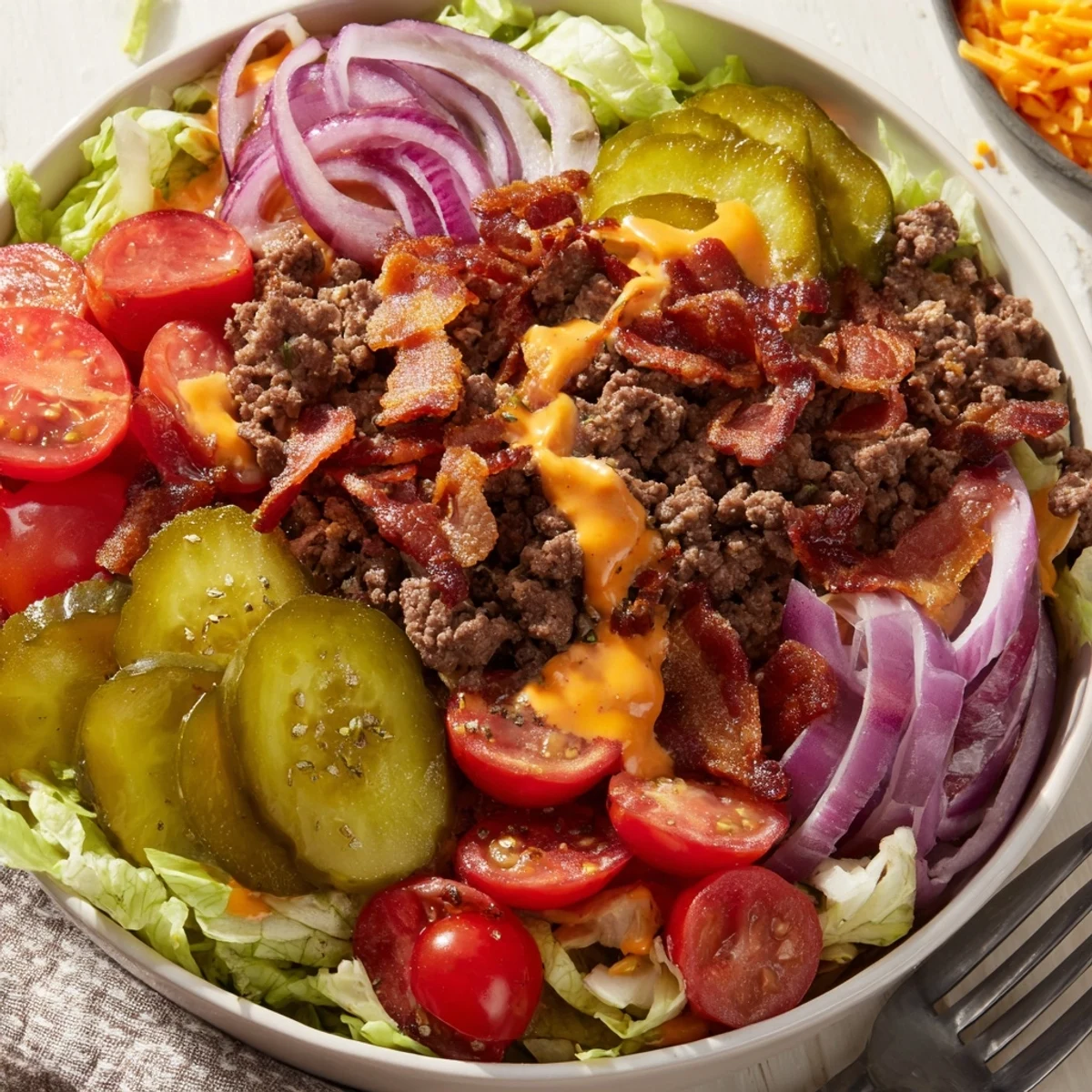 Golden brown smashed beef patties topped with melted cheddar cheese sit atop crisp iceberg lettuce in a Smash Burger Bowl.