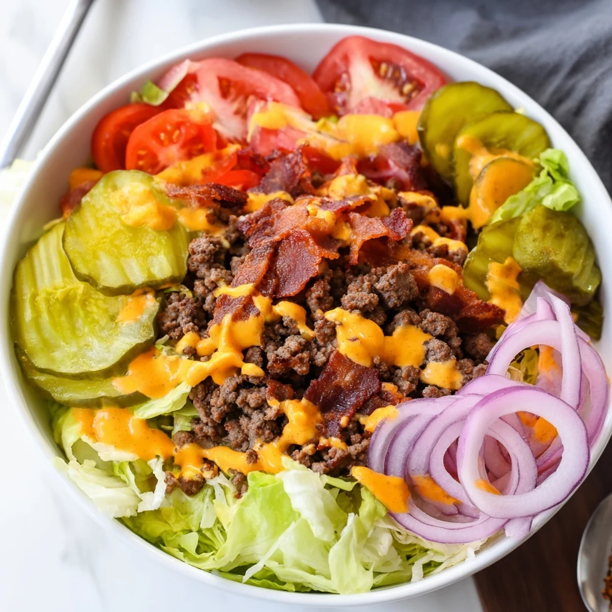 A generous drizzle of creamy Smash Sauce and sesame seeds adds the perfect finishing touch to this deconstructed burger bowl.