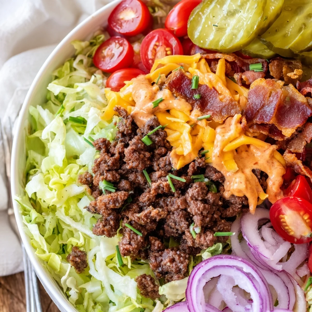Fresh cherry tomatoes, pickles, and red onions mix with savory bacon crumbles in this vibrant and satisfying Smash Burger Bowl.