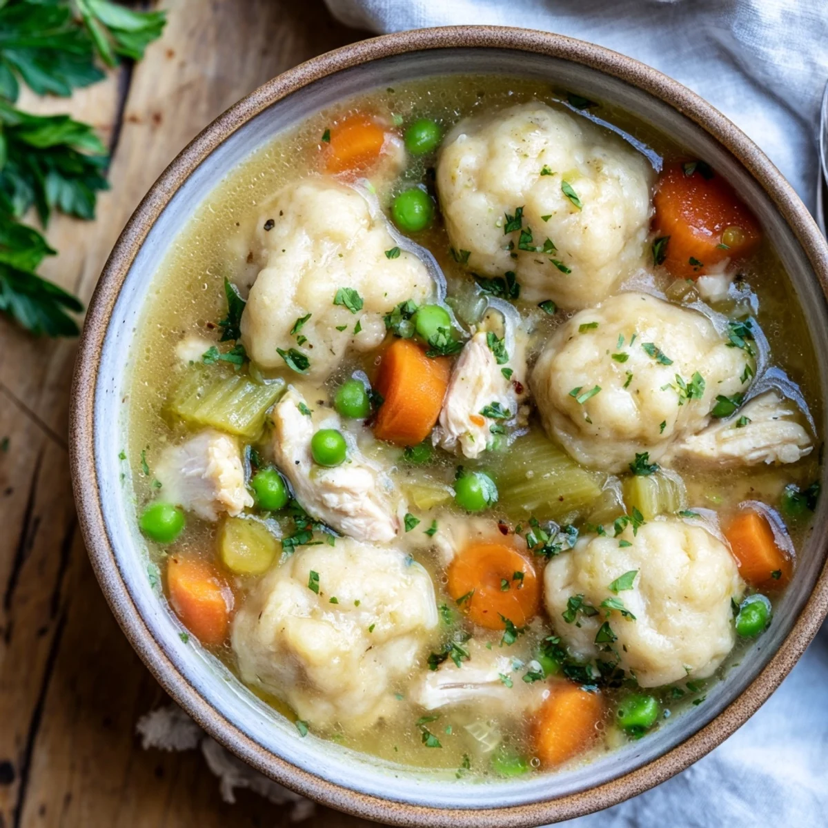 Steaming One Pot Chicken Dumpling Soup with tender chicken and fluffy dumplings in a rustic Dutch oven.