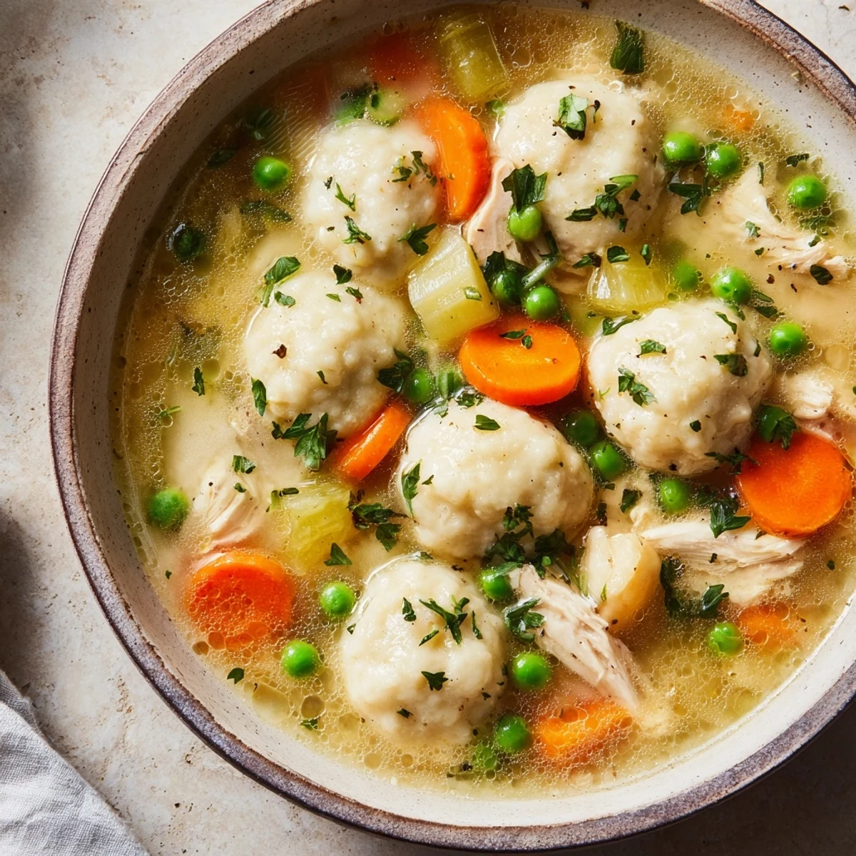 Hearty One Pot Chicken Dumpling Soup served in a warm bowl with carrots and parsley garnish.